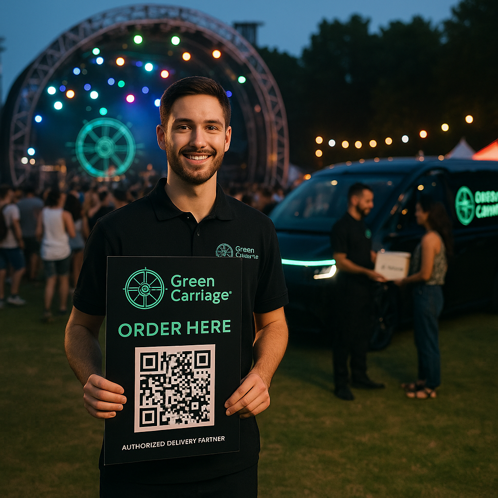 Green Carriage brand ambassador at music festival providing AGCO-compliant cannabis ordering with QR code technology